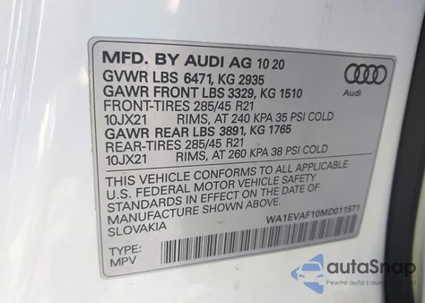 2021 Audi Q8 Premium Plus 55 Tfsi Quattro Tiptronic z USA, uszkodzony, nr VIN WA1EVAF10MD011571